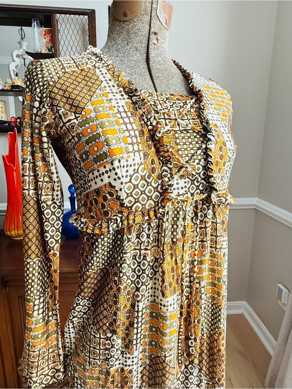 Vintage 70s Funky Print Brown And Orange Lace Up Midi Dress Size S